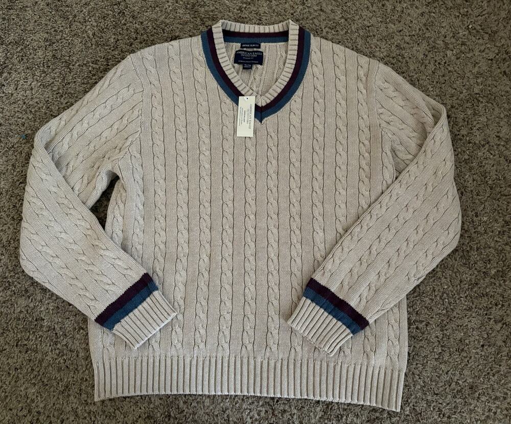 Vintage American Eagle Cable Knit V-Neck Varsity Stripe Sweater Size XL Preppy